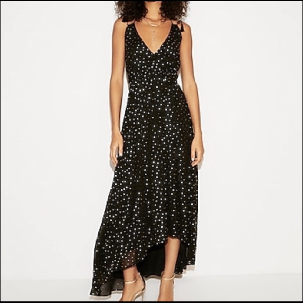 BRAND NEW Express Long High Low V-Neck Dress Black with Gold Details